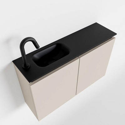 MONDIAZ TURE Fonteinset - 80x23x50cm - 1 kraangat - 2 deuren - linen mat - Wasbak links - Solid Surface Zwart