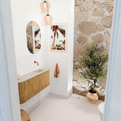 Mondiaz JOYA-DLUX Meuble de salle de bains 91,6cm - arrondi gauche couleur Chêne - Vasque FAYE position Droite Sans trou de robinet couleur Opalo