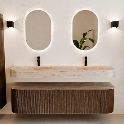 MONDIAZ THOR-DLUX Meuble de salle de bains 170cm arrondi gauche + droite couleur Walnut avec 1 tiroir et 2 portes. Vasque suspendue CLOUD Double 2 trous de robinet couleur Saba.