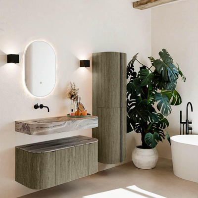 MONDIAZ THOR-DLUX 100cm meuble de salle de bains arrondi gauche + droite couleur Shadow avec 1 tiroir et 2 portes. Vasque suspendue CLOUD Gauche sans trou de robinet couleur Sombra.