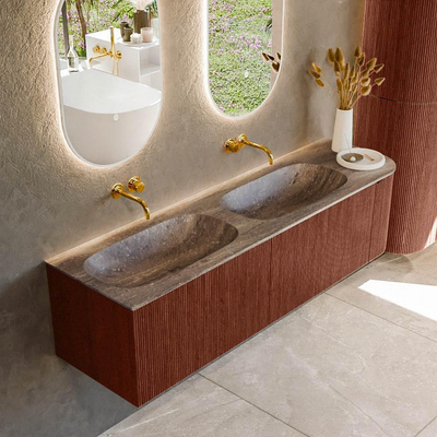 MONDIAZ KURVE-DLUX Meuble de salle de bains 165cm arrondi à droite couleur Ruby avec 2 tiroirs et 1 porte. Plan vasque STOR SMALL Double / Gauche sans trou de robinet Oza.