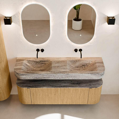 MONDIAZ THOR-DLUX 150cm badmeubel ronding links + rechts kleur Oak met 1 lade en 2 deuren. Vrijhangende wastafel CLOUD Dubbel zonder kraangat kleur Oza.