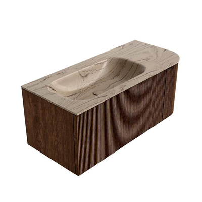 MONDIAZ KURVE-DLUX Meuble de salle de bains 105cm arrondi à droite couleur Walnut avec 1 tiroir et 1 porte. Lavabo BIG SMALL gauche 1 trou de robinet Arena.