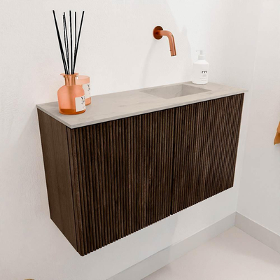 Mondiaz JOYA-DLUX 70cm toiletmeubel - kleur Walnut - Wastafel FAYE positie Rechts Zonder kraangat kleur Opalo.