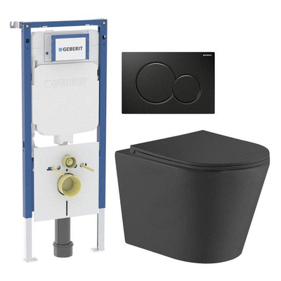 QeramiQ Dely Toiletset - 36.3x51.7cm - Geberit UP720 inbouwreservoir - rimless - diepspoel - zitting - softclose - bedieningsplaat Sigma01 mat zwart - ronde knoppen - mat zwart