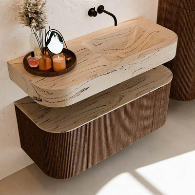 MONDIAZ THOR-DLUX 110cm badmeubel ronding links + rechts kleur Walnut met 1 lade en 2 deuren. Vrijhangende wastafel CLOUD Rechts zonder kraangat kleur Arena.