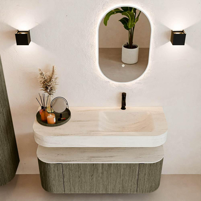 MONDIAZ THOR-DLUX 120cm meuble de salle de bains arrondi gauche + droite couleur Shadow avec 1 tiroir et 2 portes. Vasque suspendue CLOUD Droite 1 trou de robinet couleur Meli.