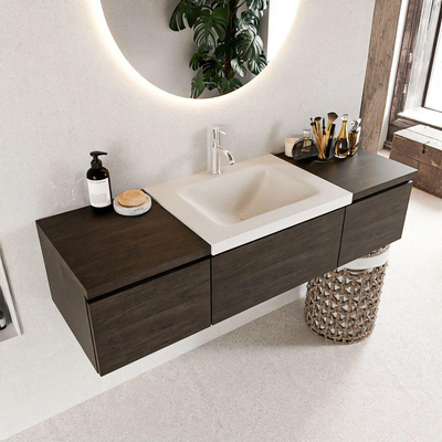 MONDIAZ BUKLA 140cm badmeubel met module 40 kleur Dark Brown met 3 lades. Wastafel CLOUD midden 1 kraangat kleur Talc.