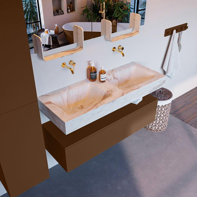 Mondiaz ALAN-DLUX Ensemble de meuble - 120cm - meuble Rust mat - 1 tiroir - Lavabo Cloud Frappe suspendu - vasque Gauche et droite - 0 trous de robinet