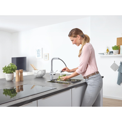 GROHE Blue Home Robinet de cuisine - bec en L extractible - monotrou - fonction de filtration - eau plate légère et pétillante - chrome