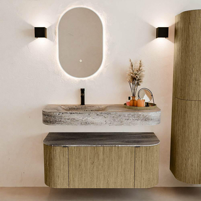 MONDIAZ THOR-DLUX 110cm meuble de salle de bains arrondi gauche + droite couleur Dusk avec 1 tiroir et 2 portes. Vasque suspendue CLOUD Gauche 1 trou de robinet couleur Oza.