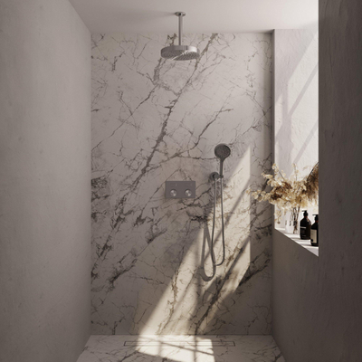 BRAUER Stripe Thermostatische Inbouw Regendouche - drukknoppen - 25cm douchekop - plafondarm - 3-standen handdouche - doucheslang - wandaansluitbocht - RVS-kleurig geborsteld PVD