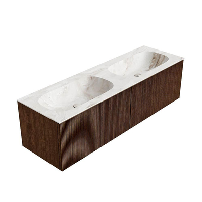 MONDIAZ KURVE-DLUX 150cm badmeubel kleur Walnut met 2 lades. Wastafel STOR SMALL dubbel zonder kraangat kleur Frappe.