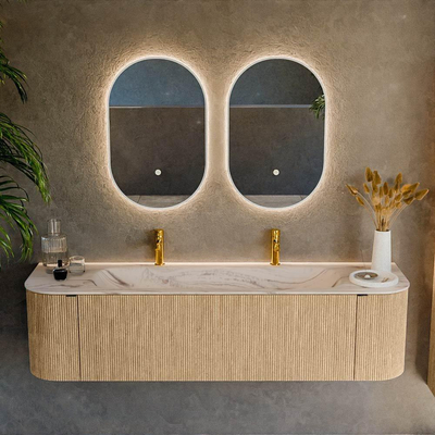 MONDIAZ KURVE-DLUX Meuble de salle de bains 170cm arrondi Gauche + Droite couleur Chêne avec 1 tiroir et 2 portes. Lavabo BIG LARGE Central 2 trous de robinet Nata.