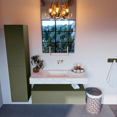 Mondiaz ALAN-DLUX Ensemble de meuble - 110cm - meuble Army mat - 1 tiroir - Lavabo Cloud Opalo suspendu - vasque Centre - 0 trous de robinet