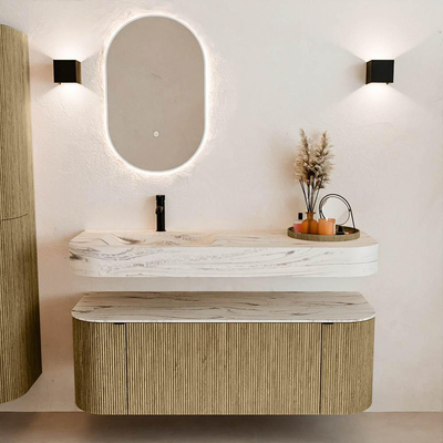 MONDIAZ THOR-DLUX 130cm meuble de salle de bains arrondi gauche + droite couleur Dusk avec 1 tiroir et 2 portes. Vasque suspendue CLOUD gauche 1 trou de robinet couleur Nata.