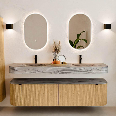 MONDIAZ THOR-DLUX 180cm meuble de salle de bains arrondi gauche + droite couleur Oak avec 2 tiroirs et 2 portes. Vasque suspendue CLOUD Double 2 trous de robinet couleur Sombra.