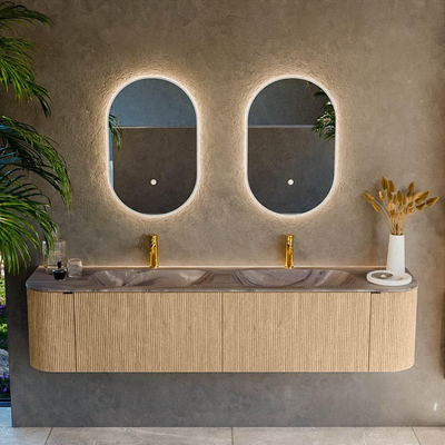 MONDIAZ KURVE-DLUX 190cm badmeubel ronding Links + Rechts kleur Oak met 2 lades en 2 deuren. Wastafel STOR SMALL Dubbel 2 kraangaten Sombra.