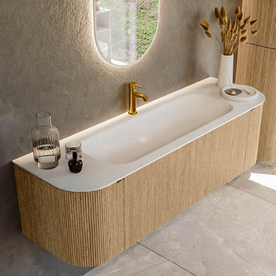 MONDIAZ KURVE 150cm badmeubel met module 25 Len R kleur Oak met 1 lade en 2 deuren. Wastafel BIG MEDIUM midden 1 kraangat Talc.
