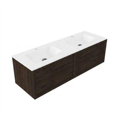 Saniclass Holz Frame Ensemble de meubles de salle de bains - 140x45x41.5cm - lavabo Flow en solid surface blanc - 2 vasques - 2 trous de robinetterie - 2 tiroirs - chêne charcoal mat (bois)