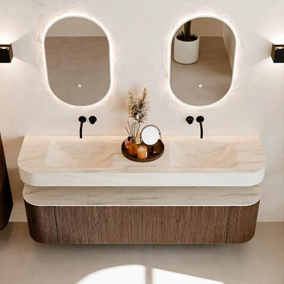 MONDIAZ THOR-DLUX 180cm badmeubel ronding links + rechts kleur Walnut met 2 lades en 2 deuren. Vrijhangende wastafel CLOUD Dubbel zonder kraangat kleur Meli.
