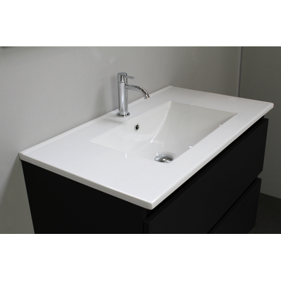 Basic Bella Ensemble salle de bains 80x55x46cm vasque en céramique avec 1 trou de robinet 2 portes panneaux latéraux noir mat et armoire de toilette Noir mat