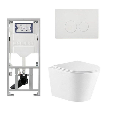 QeramiQ Dely Toiletset - 36.3x51.7cm - diepspoel - rimless - Geberit UP320 inbouwreservoir - met Burda frame - softclose toiletzitting - glans witte bedieningsplaat - ronde knoppen - wit mat
