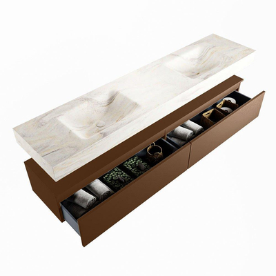 Mondiaz ALAN-DLUX Ensemble de meuble - 200cm - meuble Rust mat - 2 tiroirs - Lavabo Cloud Ostra suspendu - vasque Gauche et droite - 0 trous de robinet