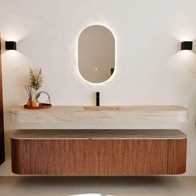 MONDIAZ THOR-DLUX Meuble de salle de bains 200cm arrondi gauche + droite couleur Ruby avec 2 tiroirs et 2 portes. Vasque suspendue CLOUD Milieu 1 trou de robinet couleur Saba.