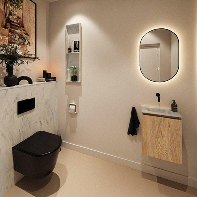 MONDIAZ TURE-DLUX Meuble toilette - 40cm - Washed Oak - EDEN - vasque Opalo - position centrale - sans trou de robinet