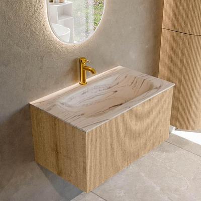 MONDIAZ KURVE-DLUX 80cm badmeubel kleur Oak met 1 lade en 0 deuren. Wastafel BIG SMALL Midden 1 kraangat Nata.