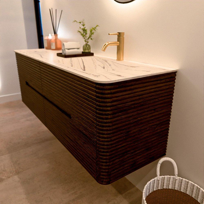 Mondiaz CIRO-DLUX Meuble de salle de bains - 150x45x50cm - Plan vasque solid surface Nata - 1 vasque à droite - 1 trou de robinet - 4 tiroirs - Noyer