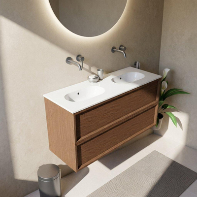 Saniclass Holz Frame Ensemble de meubles de salle de bains - 120x45x74cm - lavabo Chaci en céramique blanc - 2 vasques - sans trous de robinetterie - 2 tiroirs - walnut pure mat (bois)