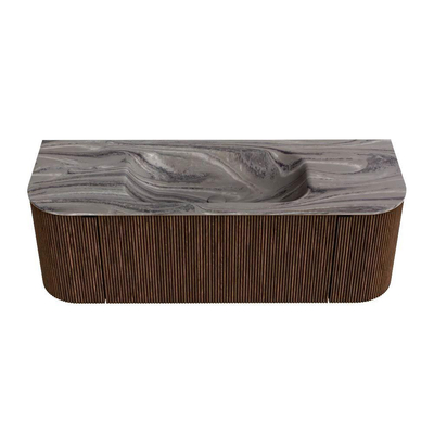 MONDIAZ KURVE-DLUX 130cm badmeubel ronding Links + Rechts kleur Walnut met 1 lade en 2 deuren. Wastafel BIG SMALL Midden 1 kraangat Sombra.