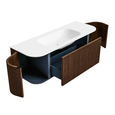 MONDIAZ KURVE 130cm badmeubel met module 25 Len R kleur Walnut met 1 lade en 2 deuren. Wastafel BIG SMALL midden 1 kraangat Talc.