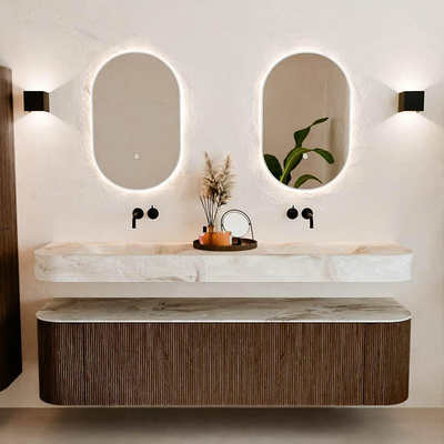 MONDIAZ THOR-DLUX 180cm meuble de salle de bains arrondi gauche + droite couleur Walnut avec 2 tiroirs et 2 portes. Vasque suspendue CLOUD Double sans trou de robinet couleur Frappe.