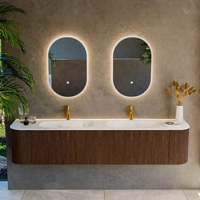 MONDIAZ KURVE-DLUX Meuble de salle de bains 200cm avec module 25 Len R couleur Walnut avec 2 tiroirs et 2 portes. Lavabo STOR SMALL double 2 trous de robinet couleur Opalo.