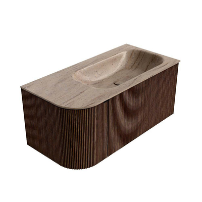 MONDIAZ KURVE-DLUX Meuble de salle de bains 95cm arrondi à gauche couleur Walnut avec 1 tiroir et 1 porte. Lavabo BIG SMALL à droite 1 trou de robinet Saba.