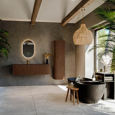 MONDIAZ KURVE-DLUX 145cm Meuble salle de bain avec module 25 D - couleur Walnut - 1 tiroir - 1 porte - vasque BIG LARGE gauche - 1 trou de robinet - couleur Lava