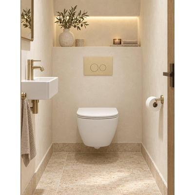 QeramiQ Dely Swirl Compact Toiletset - inbouwreservoir QeramiQ flush - slim zitting - kuststof beige bedieningsplaat - ronde knoppen - mat wit