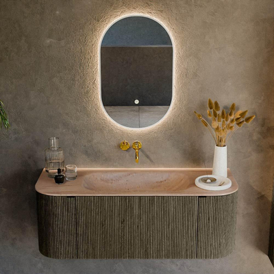 MONDIAZ KURVE-DLUX Meuble de salle de bains 120cm arrondi Gauche + Droite couleur Shadow avec 1 tiroir et 2 portes. Lavabo BIG SMALL Central sans trou de robinet Saba.