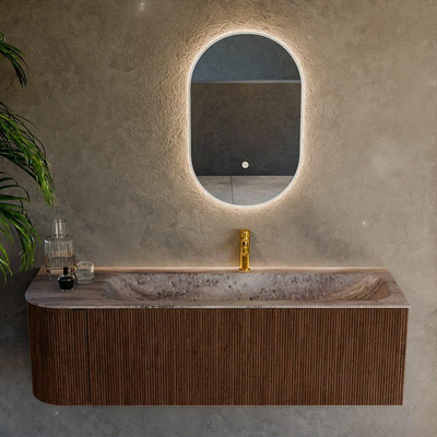 MONDIAZ KURVE-DLUX Meuble de salle de bains 145cm arrondi à gauche couleur Walnut avec 1 tiroir et 1 porte. Lavabo BIG LARGE à droite 1 trou de robinet Oza.