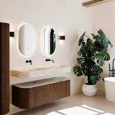 MONDIAZ THOR-DLUX 140cm meuble de salle de bains arrondi gauche + droite couleur Walnut avec 1 tiroir et 2 portes. Vasque suspendue CLOUD Double sans trou de robinet couleur Frappe.