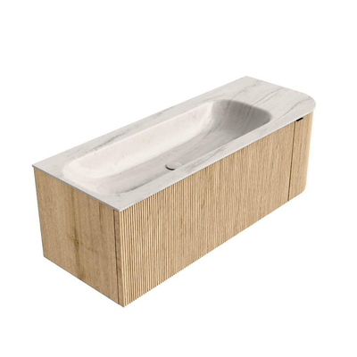 MONDIAZ KURVE-DLUX 125cm badmeubel ronding Rechts kleur Oak met 1 lade en 1 deur. Wastafel BIG MEDIUM Links 1 kraangat Meli.