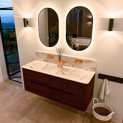 Mondiaz CIRO-DLUX Ensemble meuble de salle de bains - 130x45x50cm - Vasque solid surface Frappe - 2 lavabos double - sans trous de robinet - 4 tiroirs - Ruby