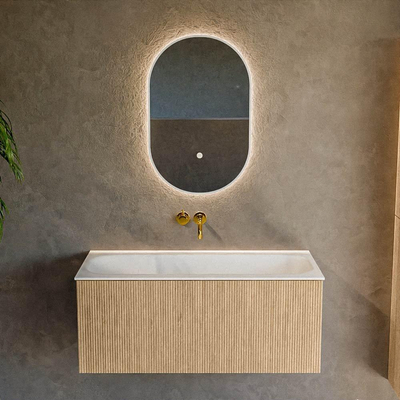 MONDIAZ KURVE Meuble de salle de bains 100 cm couleur chêne avec 1 tiroir. Lavabo BIG MEDIUM central sans trou de robinet Talc.