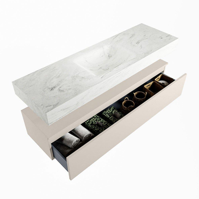 Mondiaz ALAN-DLUX Ensemble de meuble - 150cm - meuble Linen mat - 1 tiroir - Lavabo Cloud Opalo suspendu - vasque Centre - 0 trous de robinet