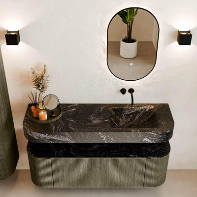 MONDIAZ THOR-DLUX 140cm meuble de salle de bains arrondi gauche + droite couleur Shadow avec 1 tiroir et 2 portes. Vasque suspendue CLOUD droite sans trou de robinet couleur Lava.