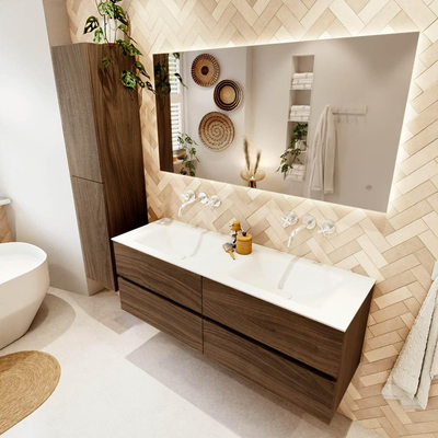 Mondiaz VICA 140cm meubles de salle de bains Mocha 4 tiroirs. Lavabo CLOUD Double sans trou pour robinet, couleur Talc.