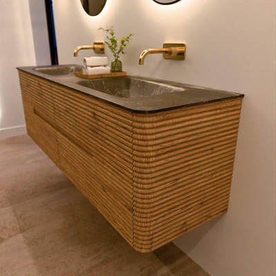 Mondiaz CIRO-DLUX Badkamermeubelset - 160x45x50cm - Solid surface wastafel Lava - 2 wasbak Dubbel - zonder kraangaten - 4 lades - Oak